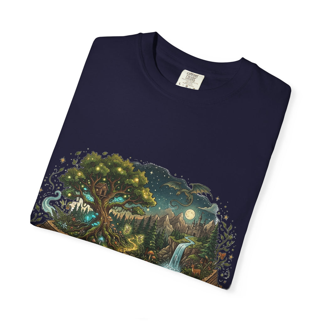 Fantasy Book Lover T-Shirt | Enchanted Forest Open Book Tee | Magical Reading Shirt | Cottagecore Nature Graphic Tee | Reader Gift for Women & Men