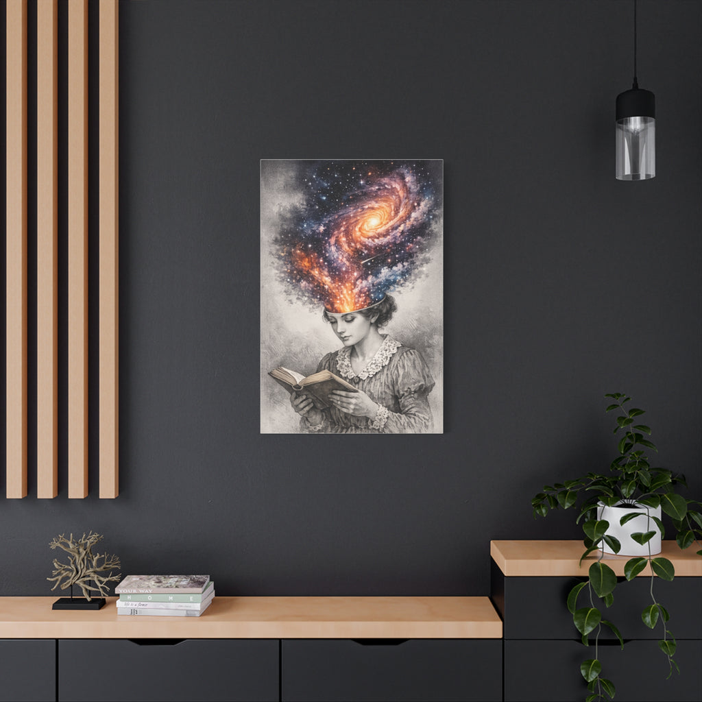 Cosmic Reader Canvas Wall Art | Surreal Galaxy Book Lover Artwork | Vintage Reader & Artist Inspired Print | Literary Fantasy Home Decor - Designity