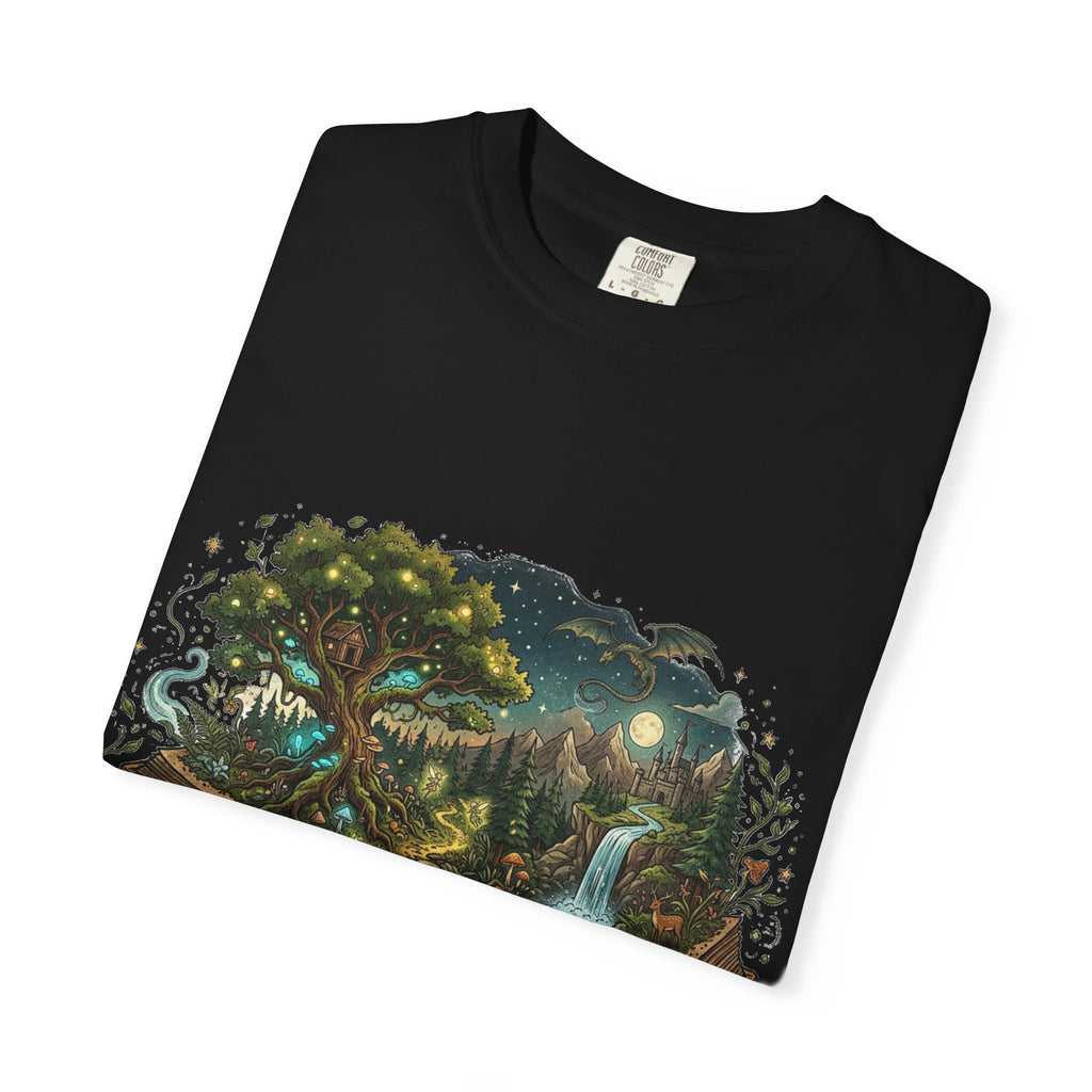 Fantasy Book Lover T-Shirt | Enchanted Forest Open Book Tee | Magical Reading Shirt | Cottagecore Nature Graphic Tee | Reader Gift for Women & Men