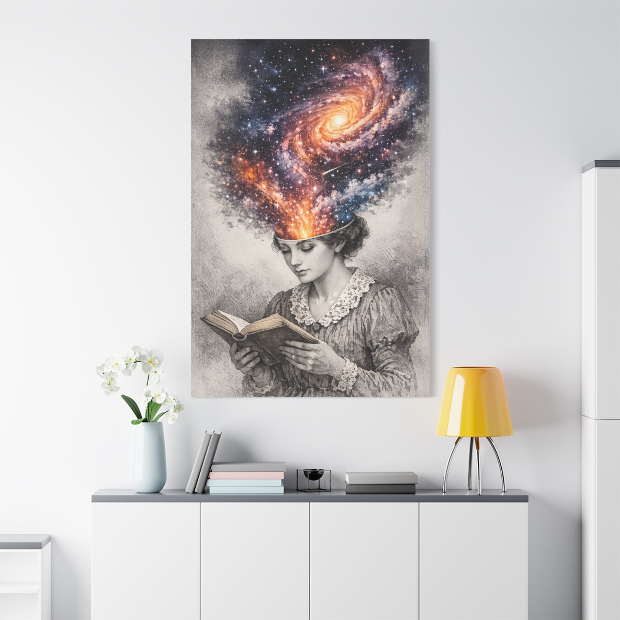 Cosmic Reader Canvas Wall Art | Surreal Galaxy Book Lover Artwork | Vintage Reader & Artist Inspired Print | Literary Fantasy Home Decor - Designity