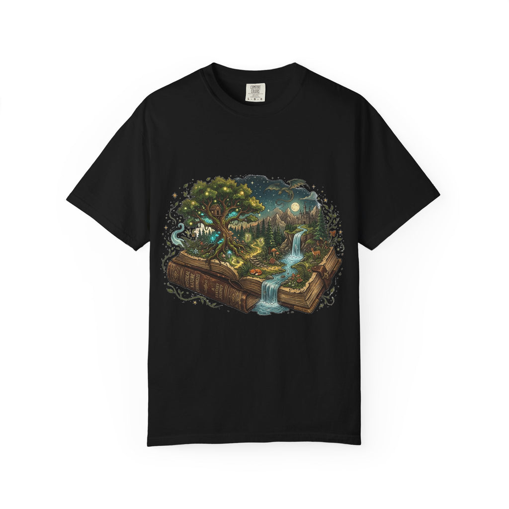 Fantasy Book Lover T-Shirt | Enchanted Forest Open Book Tee | Magical Reading Shirt | Cottagecore Nature Graphic Tee | Reader Gift for Women & Men