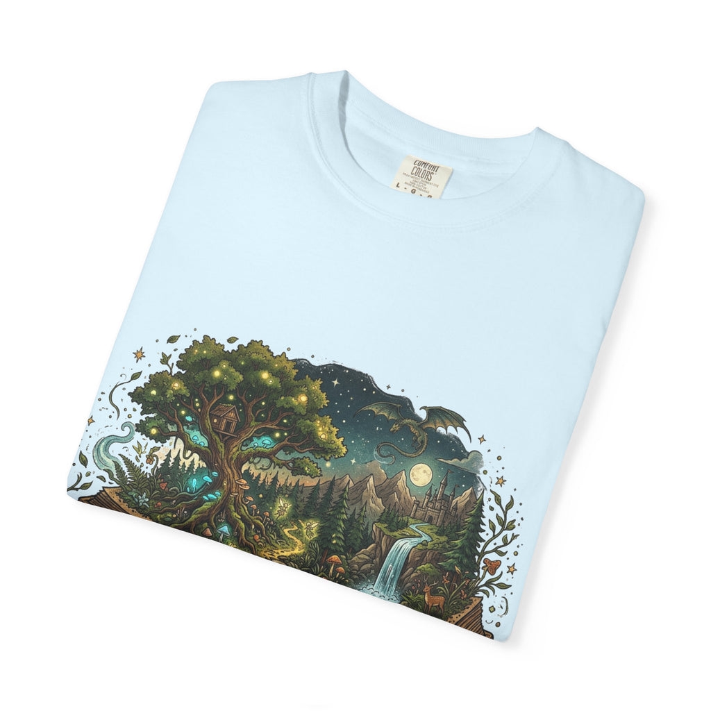 Fantasy Book Lover T-Shirt | Enchanted Forest Open Book Tee | Magical Reading Shirt | Cottagecore Nature Graphic Tee | Reader Gift for Women & Men