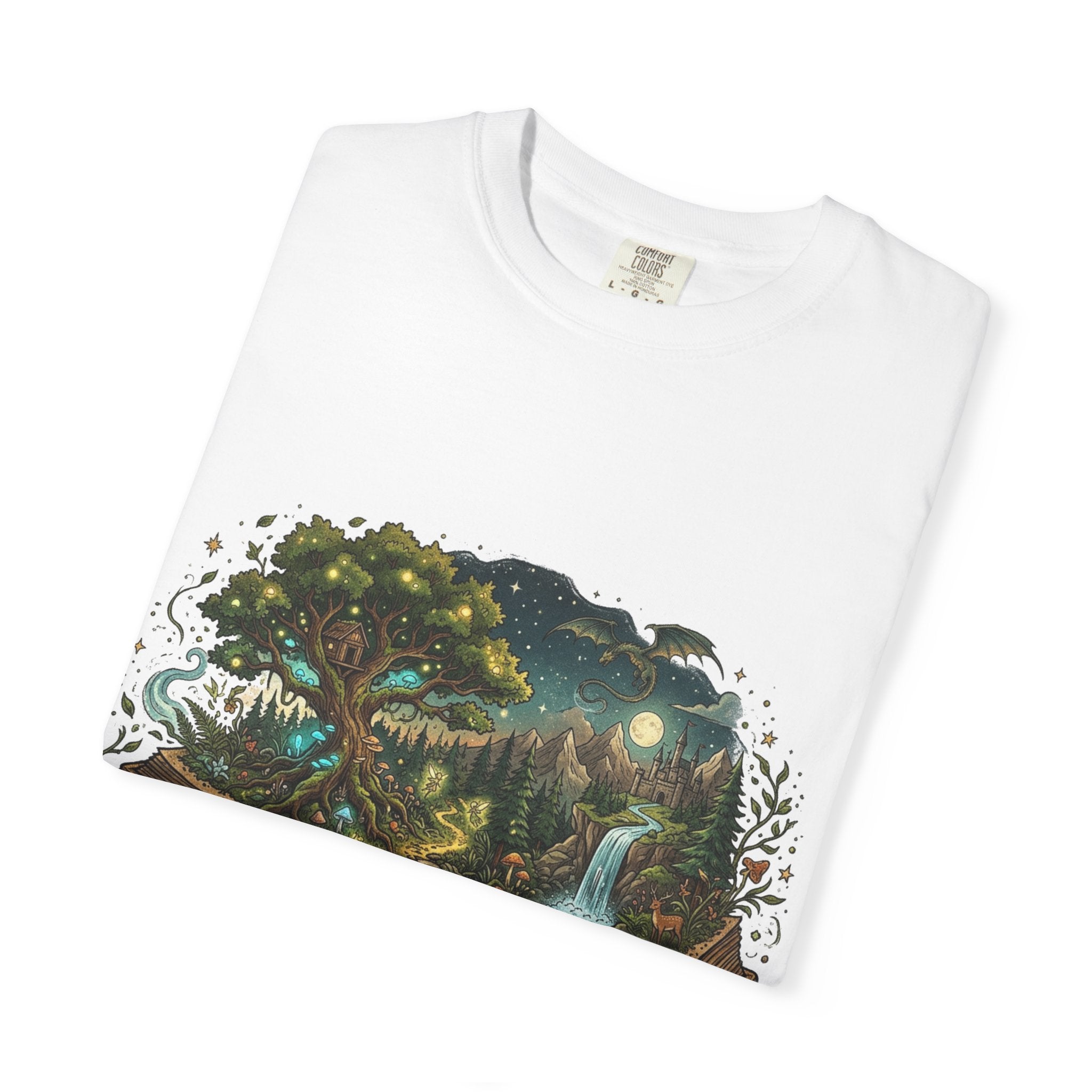 Fantasy Book Lover T-Shirt | Enchanted Forest Open Book Tee | Magical Reading Shirt | Cottagecore Nature Graphic Tee | Reader Gift for Women & Men