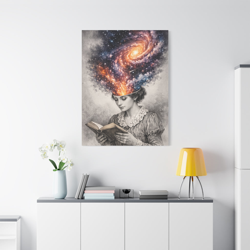 Cosmic Reader Canvas Wall Art | Surreal Galaxy Book Lover Artwork | Vintage Reader & Artist Inspired Print | Literary Fantasy Home Decor - Designity