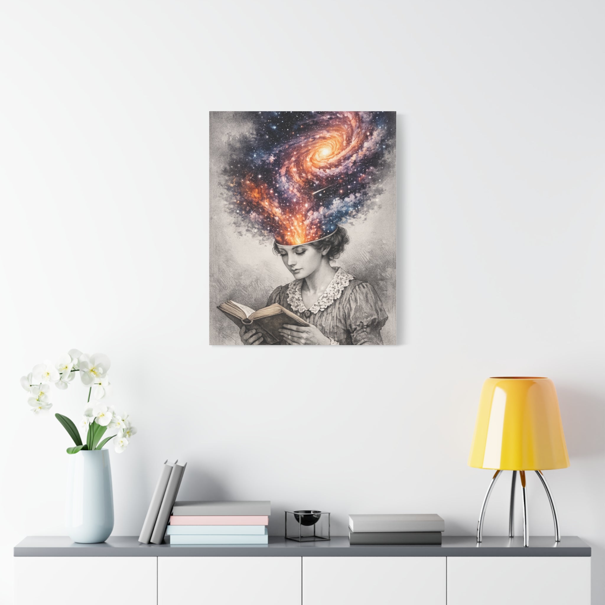 Cosmic Reader Canvas Wall Art | Surreal Galaxy Book Lover Artwork | Vintage Reader & Artist Inspired Print | Literary Fantasy Home Decor - Designity