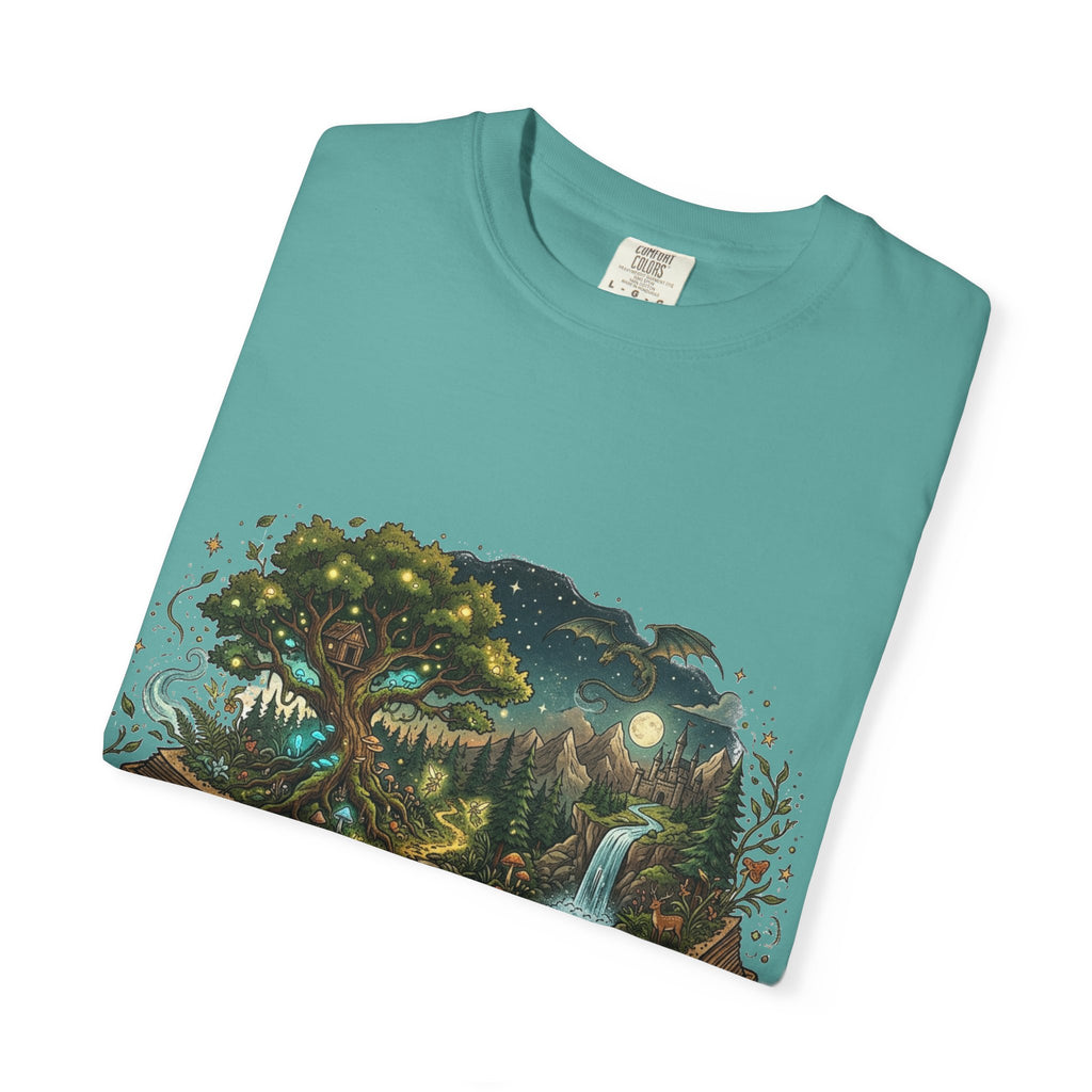 Fantasy Book Lover T-Shirt | Enchanted Forest Open Book Tee | Magical Reading Shirt | Cottagecore Nature Graphic Tee | Reader Gift for Women & Men