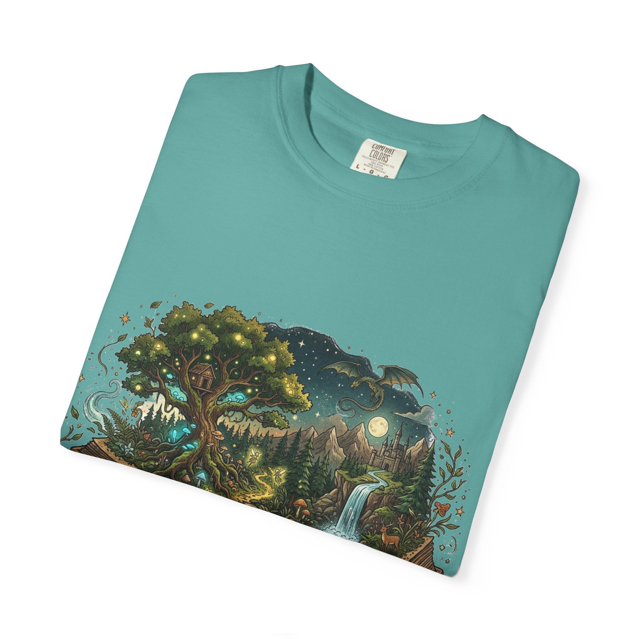 Fantasy Book Lover T-Shirt | Enchanted Forest Open Book Tee | Magical Reading Shirt | Cottagecore Nature Graphic Tee | Reader Gift for Women & Men