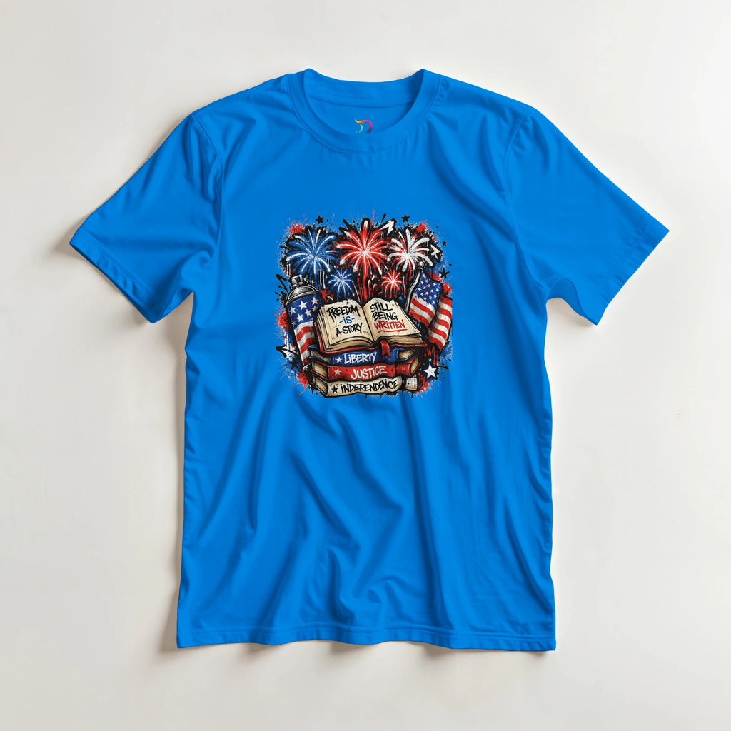 Freedom Is a Story Still Being Written T-Shirt | Patriotic Book Lover Graphic Tee | Graffiti Fireworks Reader Shirt