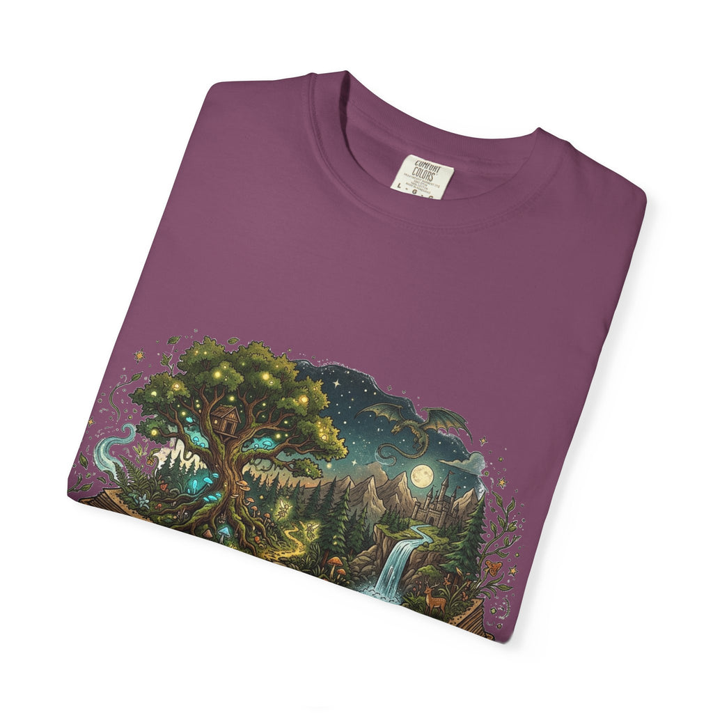 Fantasy Book Lover T-Shirt | Enchanted Forest Open Book Tee | Magical Reading Shirt | Cottagecore Nature Graphic Tee | Reader Gift for Women & Men