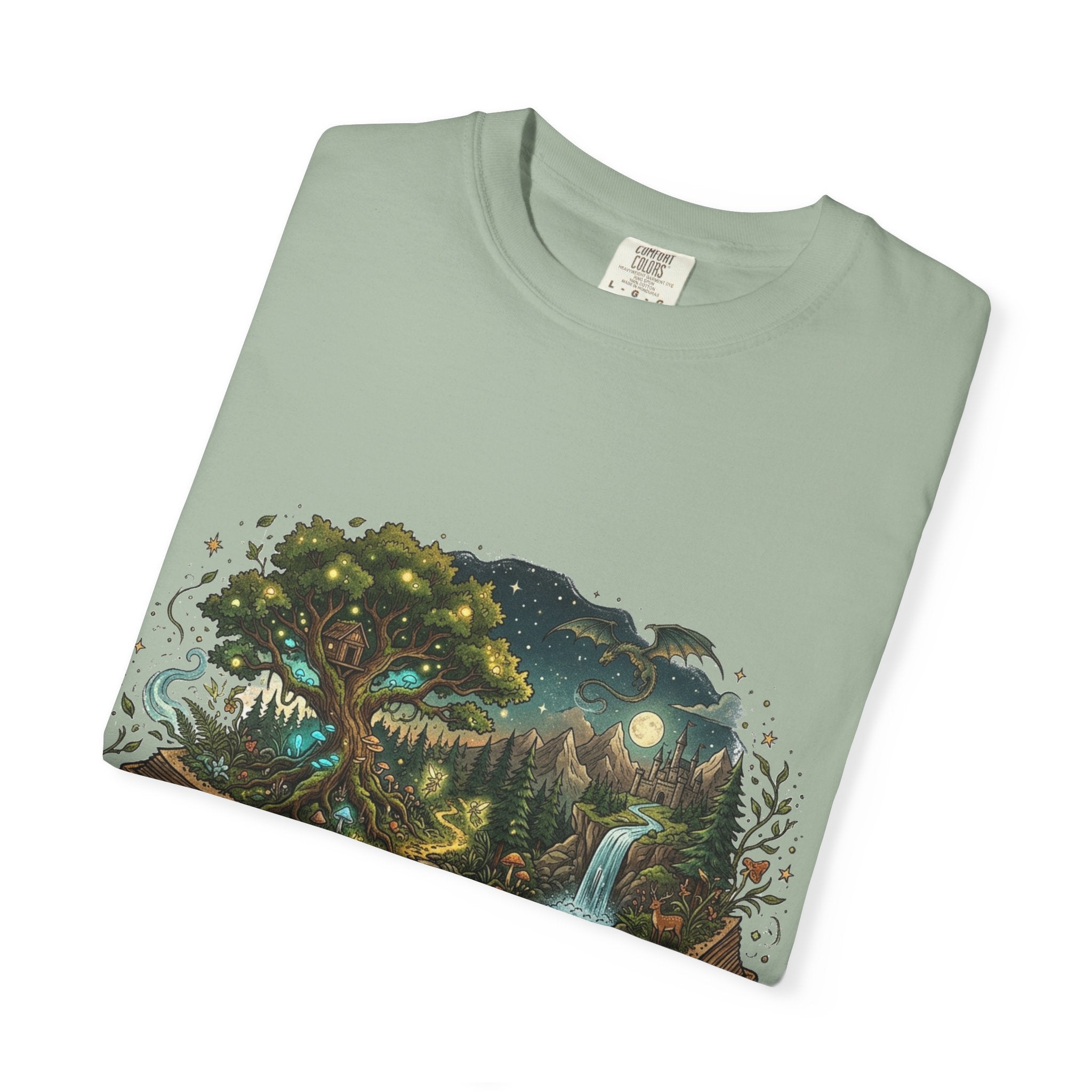 Fantasy Book Lover T-Shirt | Enchanted Forest Open Book Tee | Magical Reading Shirt | Cottagecore Nature Graphic Tee | Reader Gift for Women & Men