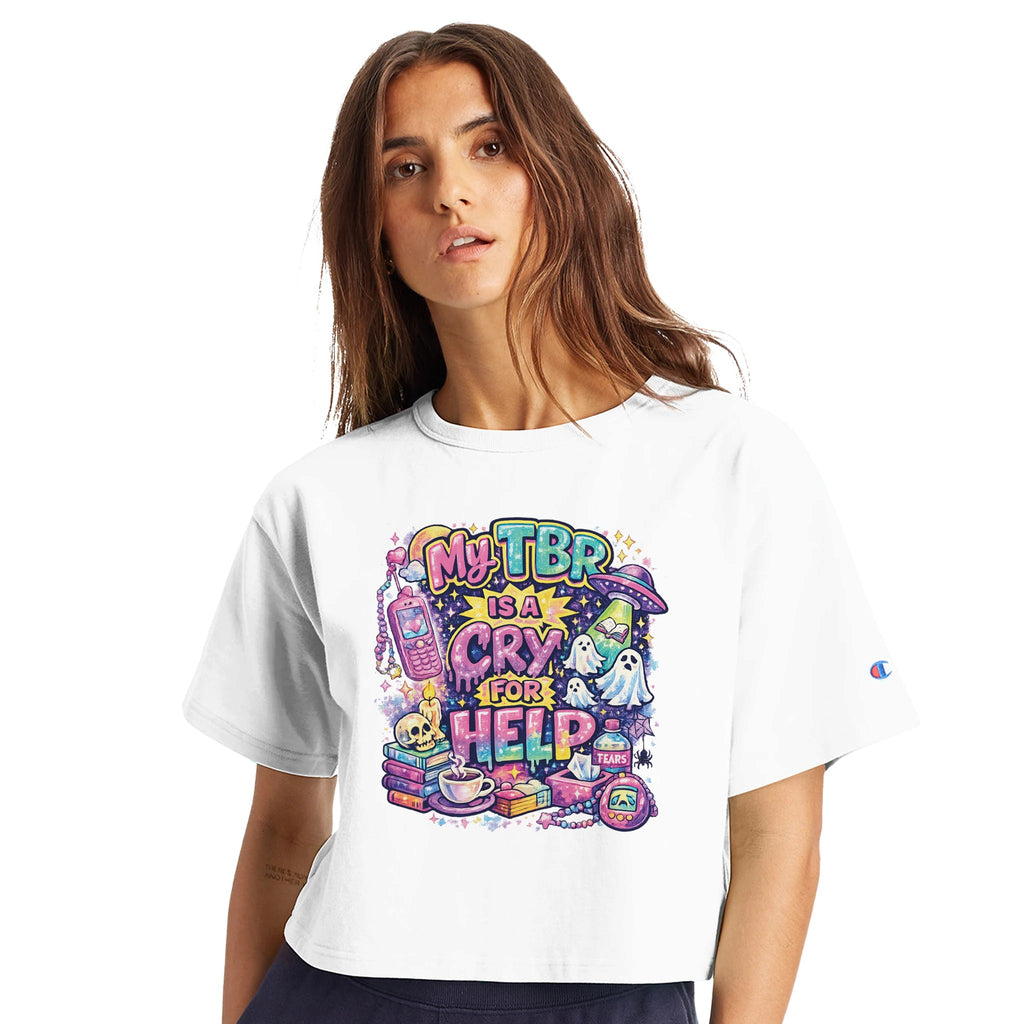 Model wearing 'My TBR Is a Cry for Help' Y2K style white crop top shirt.