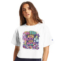 Model wearing 'My TBR Is a Cry for Help' Y2K style white crop top shirt.