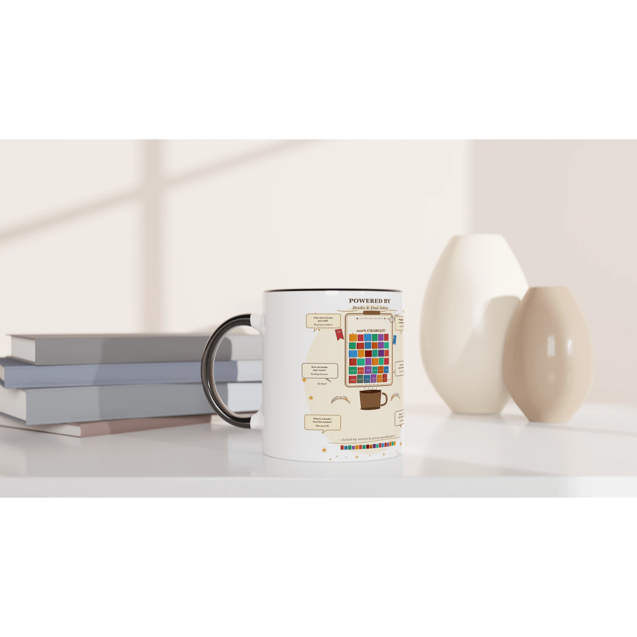 Powered by Books and Dad Jokes Ceramic Coffee Mug - 11oz Novelty Mug - Designity