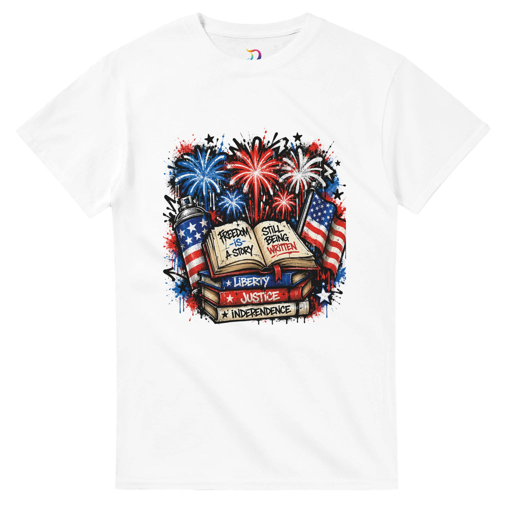 Freedom Is a Story Still Being Written T-Shirt | Patriotic Book Lover Graphic Tee | Graffiti Fireworks Reader Shirt