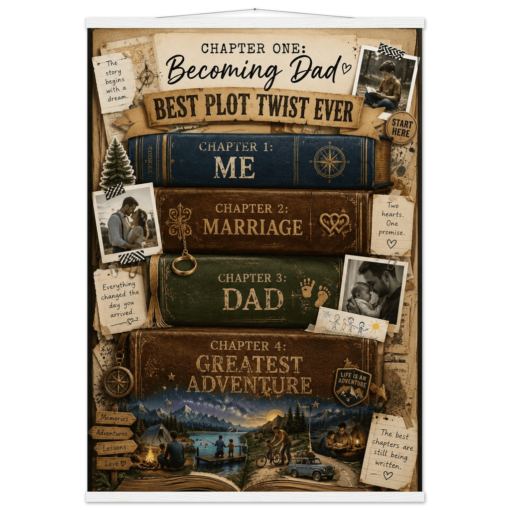 Vintage Book Spines Family Story Poster with Pine Wood Hanger - Designity