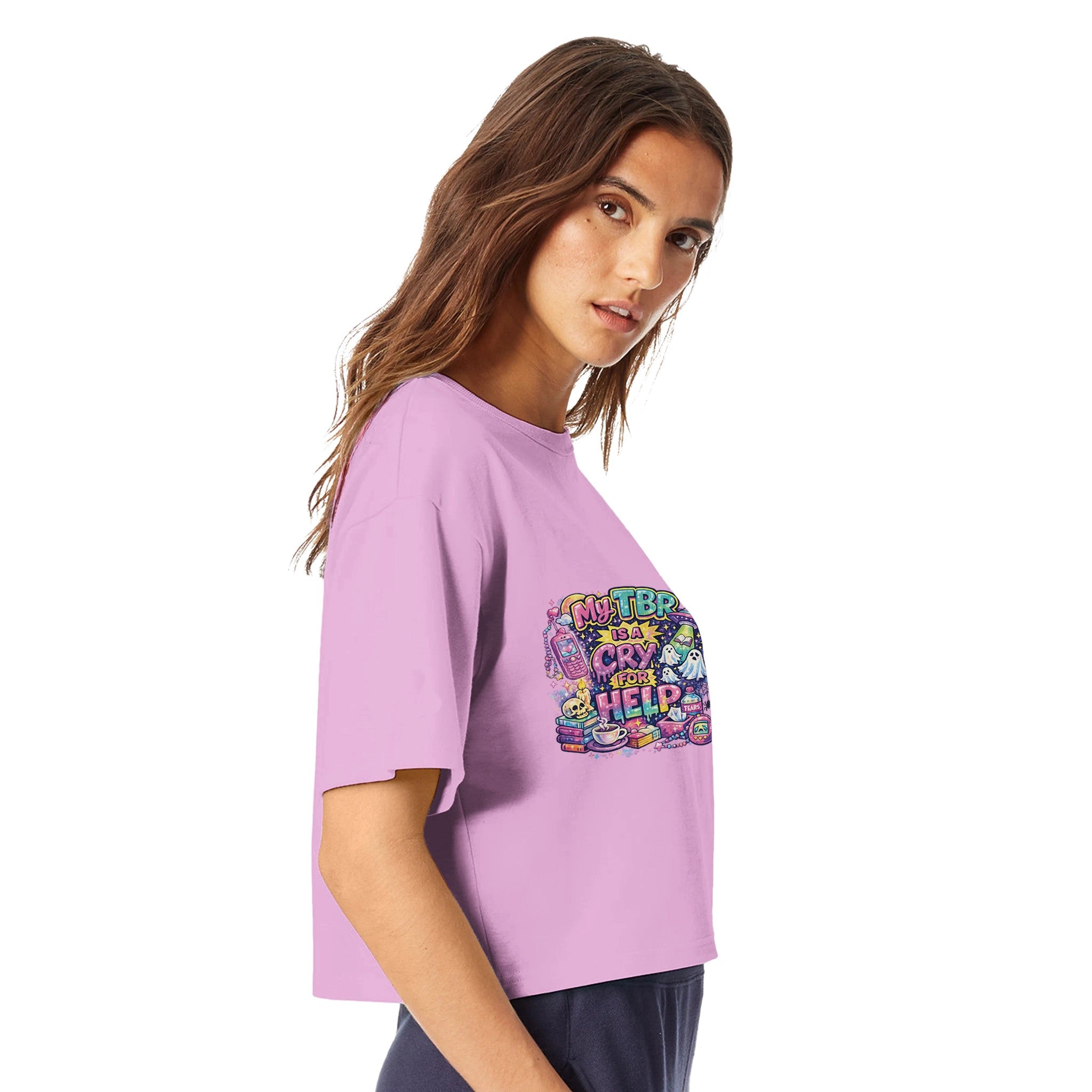 Model wearing 'My TBR Is a Cry for Help' Y2K style pink crop top shirt. Side view.